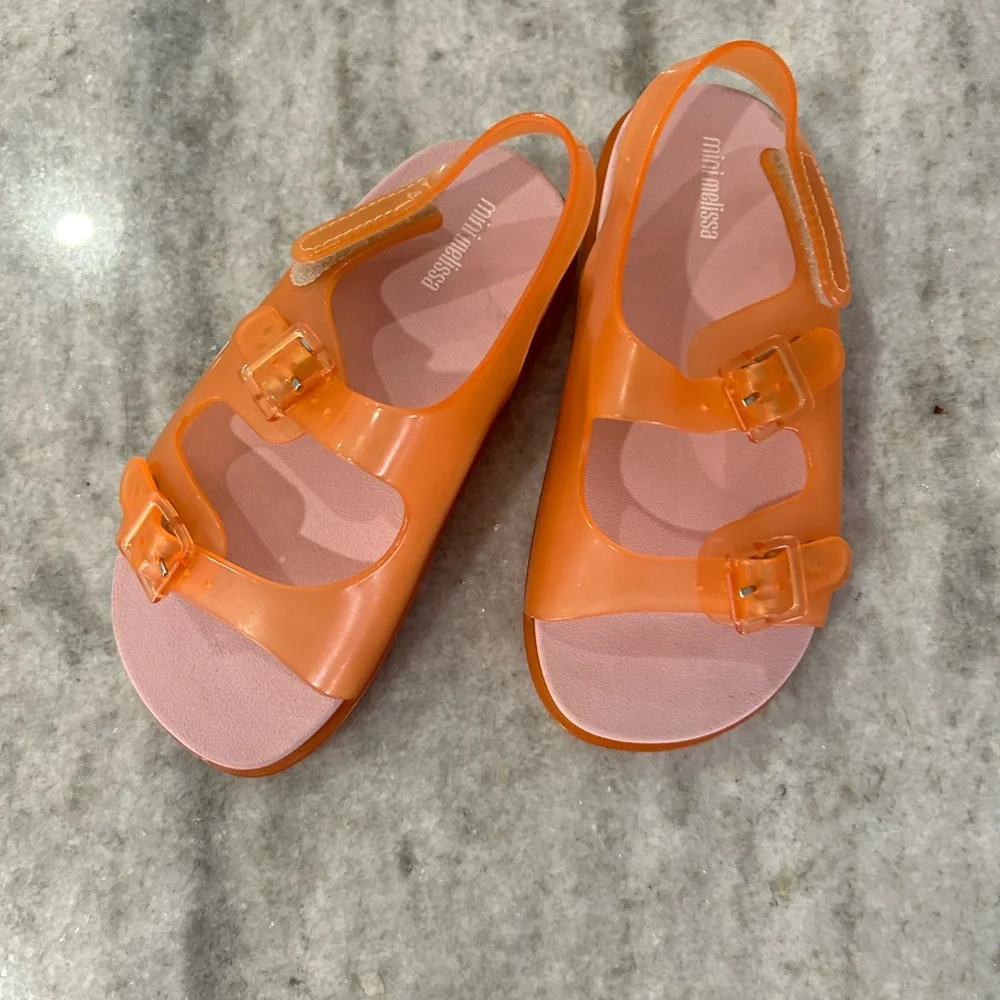 New Mini Melissa Girl's Wide II Double Buckle Sandal Orange/Pink Size 12